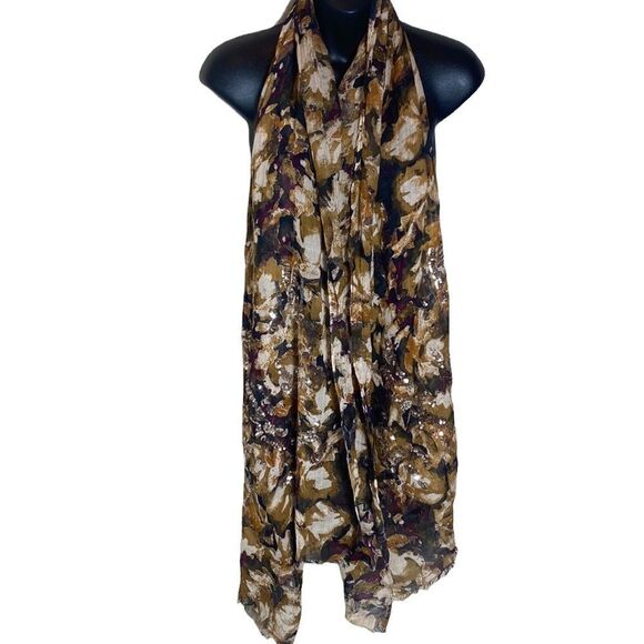 Sheer lightweight earth tone sequined and beaded frayed end long scarf - Picture 2 of 6